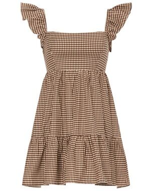 Reformation Jeune Brown Check Babydoll Mini Dress Sz 12 Smocked Ruffle Plaid